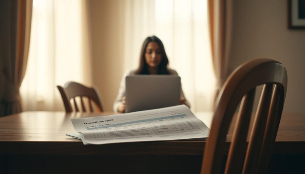 A soft, warm-lit room with a wooden desk and chair in the foreground. On the desk, a laptop and a credit report document lie open, hinting at the process of a personal loan prequalification. The middle ground features a person, their features softly obscured, intently focused on the screen. Muted tones of beige, brown, and gray create a calming, contemplative atmosphere, suggesting the thoughtful consideration of financial options. The background is slightly blurred, emphasizing the task at hand. Subtle lighting casts gentle shadows, conveying a sense of care and attention to detail in the personal loan prequalification process. A soft, warm-lit room with a wooden desk and chair in the foreground. On the desk, a laptop and a credit report document lie open, hinting at the process of a personal loan prequalification. The middle ground features a person, their features softly obscured, intently focused on the screen. Muted tones of beige, brown, and gray create a calming, contemplative atmosphere, suggesting the thoughtful consideration of financial options. The background is slightly blurred, emphasizing the task at hand. Subtle lighting casts gentle shadows, conveying a sense of care and attention to detail in the personal loan prequalification process.