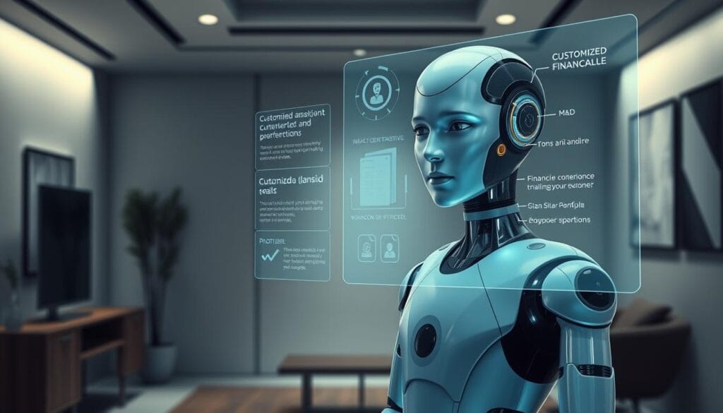 A sophisticated AI assistant stands in a sleek, modern office, its holographic interface projecting customized financial insights and recommendations tailored to an individual's goals and needs. The AI's expression is intelligent and approachable, conveying a sense of trustworthiness and expertise. The background features minimalist decor, with clean lines and muted tones that create a calming, professional atmosphere. Soft, directional lighting illuminates the scene, casting subtle shadows and highlighting the AI's refined features. The overall mood is one of technological innovation, personalized guidance, and a seamless integration of human and artificial intelligence.