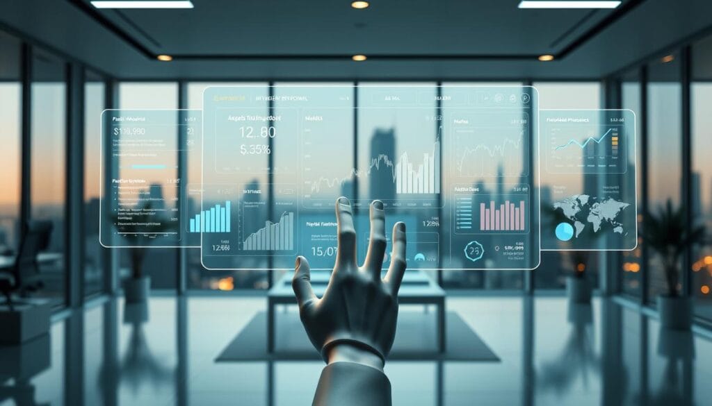 A sophisticated AI-powered investment dashboard floats in a sleek, minimalist office environment. Soft ambient lighting illuminates a series of holographic displays, each showcasing real-time market data, portfolio performance metrics, and AI-driven asset allocation recommendations. In the foreground, a stylized 3D model of a human hand manipulates the virtual controls, seamlessly integrating human expertise with machine intelligence. The background features floor-to-ceiling windows overlooking a modern cityscape, underscoring the fusion of technology and high finance. The mood is one of calm confidence, as the AI system assists in making data-driven, insightful investment decisions.