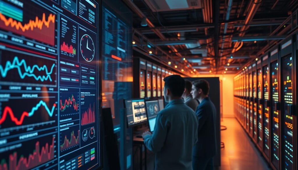 A sophisticated cybersecurity system, with intricate algorithms analyzing financial transactions in real-time. The foreground depicts a sleek digital dashboard, showcasing an array of interactive graphs, charts, and anomaly detection indicators. The middle ground features a team of data analysts, their faces illuminated by the glow of multiple screens, diligently sifting through complex data patterns. In the background, a maze of interconnected servers and networking cables, symbolizing the robust infrastructure that powers this AI-driven fraud detection system. Warm lighting and a subtle industrial aesthetic convey a sense of technological prowess and unwavering vigilance, safeguarding investments from the ever-evolving threats of financial fraud. A sophisticated cybersecurity system, with intricate algorithms analyzing financial transactions in real-time. The foreground depicts a sleek digital dashboard, showcasing an array of interactive graphs, charts, and anomaly detection indicators. The middle ground features a team of data analysts, their faces illuminated by the glow of multiple screens, diligently sifting through complex data patterns. In the background, a maze of interconnected servers and networking cables, symbolizing the robust infrastructure that powers this AI-driven fraud detection system. Warm lighting and a subtle industrial aesthetic convey a sense of technological prowess and unwavering vigilance, safeguarding investments from the ever-evolving threats of financial fraud.