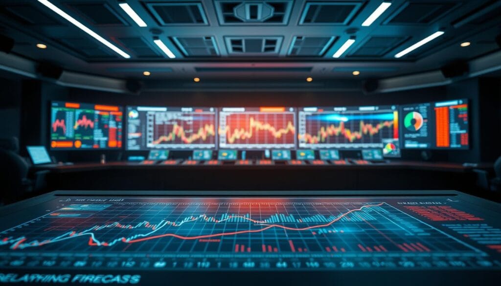 A sophisticated data visualization dashboard depicting advanced market forecasting techniques. In the foreground, a detailed chart displaying complex statistical models and algorithms, with intuitive interactive controls. In the middle ground, a panoramic view of stock market performance data, visualized through dynamic infographics. In the background, a sleek, high-tech control room setting, with large display screens, ambient lighting, and a sense of analytical precision. The overall scene conveys a mood of data-driven decision making, cutting-edge financial analysis, and the power of machine learning to navigate unpredictable market trends.