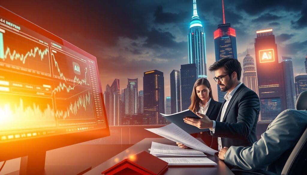 A sophisticated, detailed illustration showcasing strategic AI investment opportunities. In the foreground, a sleek, futuristic computer interface displays graphs, charts, and data visualizations highlighting AI-driven stock trends and growth sectors. In the middle ground, a group of investors pore over financial reports, gesturing animatedly as they discuss emerging AI technologies. The background features a cityscape skyline, with towering skyscrapers adorned with glowing holographic displays of AI-powered innovations. Dramatic lighting casts a warm, optimistic glow, capturing the dynamic energy and potential of AI-driven investment strategies.
