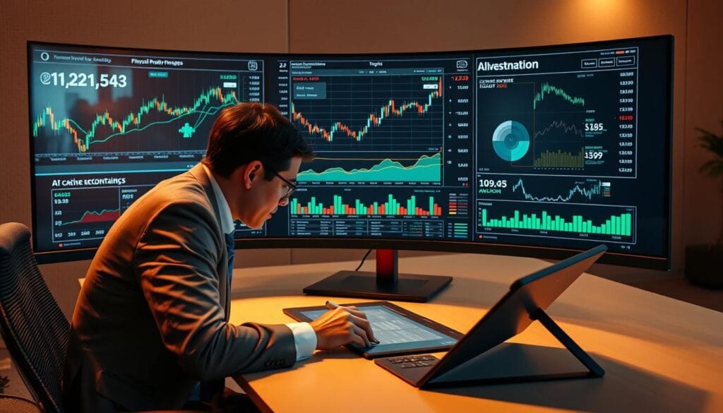 A sophisticated financial analyst desk, bathed in warm lighting, with a large, curved ultrawide monitor displaying intricate stock charts, financial data, and AI-generated investment recommendations. In the foreground, a well-dressed professional intently examines the screen, using a high-end graphics tablet to interact with the AI interface. The background is a tasteful, minimalist office setting, hinting at the power of technology-driven decision-making in the world of finance. A sophisticated financial analyst desk, bathed in warm lighting, with a large, curved ultrawide monitor displaying intricate stock charts, financial data, and AI-generated investment recommendations. In the foreground, a well-dressed professional intently examines the screen, using a high-end graphics tablet to interact with the AI interface. The background is a tasteful, minimalist office setting, hinting at the power of technology-driven decision-making in the world of finance.