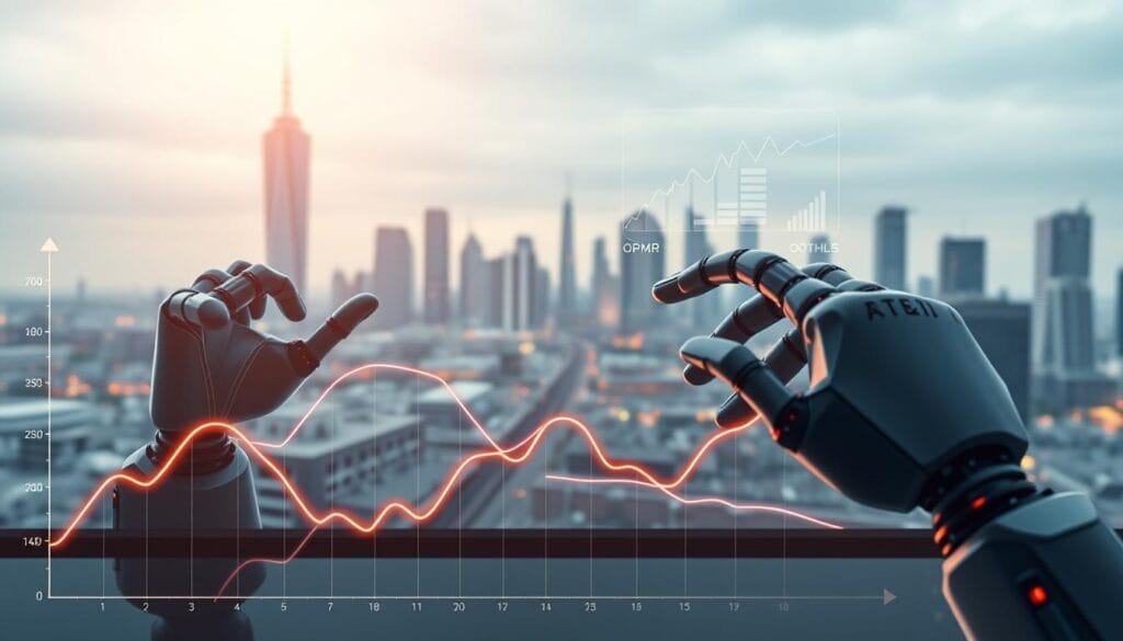 A sophisticated financial landscape with a sleek, modern aesthetic. In the foreground, a stylized graph depicting tax optimization strategies, its lines and curves illuminated by soft, warm lighting. In the middle ground, robotic hands manipulate financial data on transparent holographic displays, hinting at the power of AI-driven financial planning. The background features a minimalist cityscape, its skyscrapers and infrastructure suggesting a technologically advanced, efficient financial ecosystem. The overall mood is one of precision, innovation, and the seamless integration of human and artificial intelligence in pursuit of optimized financial outcomes. A sophisticated financial landscape with a sleek, modern aesthetic. In the foreground, a stylized graph depicting tax optimization strategies, its lines and curves illuminated by soft, warm lighting. In the middle ground, robotic hands manipulate financial data on transparent holographic displays, hinting at the power of AI-driven financial planning. The background features a minimalist cityscape, its skyscrapers and infrastructure suggesting a technologically advanced, efficient financial ecosystem. The overall mood is one of precision, innovation, and the seamless integration of human and artificial intelligence in pursuit of optimized financial outcomes.