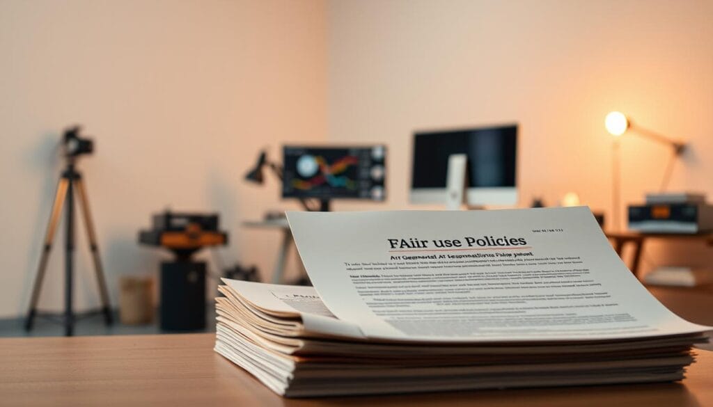 A sophisticated legal document showcasing the fair use policies for AI-generated art. The document is displayed prominently in the foreground, its pages neatly stacked and illuminated by soft, warm lighting. In the middle ground, an artist's desk with various digital tools and a state-of-the-art computer monitor, hinting at the creative process behind AI art. The background is a neutral, minimalist space, allowing the legal document and the artistic workspace to take center stage. The overall mood is one of professionalism, attention to detail, and a careful consideration of the legal landscape surrounding this emerging art form. A sophisticated legal document showcasing the fair use policies for AI-generated art. The document is displayed prominently in the foreground, its pages neatly stacked and illuminated by soft, warm lighting. In the middle ground, an artist's desk with various digital tools and a state-of-the-art computer monitor, hinting at the creative process behind AI art. The background is a neutral, minimalist space, allowing the legal document and the artistic workspace to take center stage. The overall mood is one of professionalism, attention to detail, and a careful consideration of the legal landscape surrounding this emerging art form.
