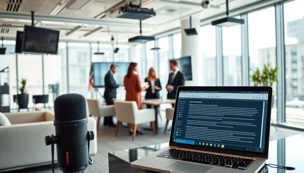 A sophisticated office interior with sleek, modern furniture and abundant natural light streaming through large windows. In the foreground, a high-quality microphone and a laptop open to a meeting transcription software interface, its screen displaying live transcription of a discussion. In the middle ground, multiple professionals engaged in a collaborative meeting, gesturing animatedly and taking notes. The room is outfitted with advanced audiovisual equipment, including ceiling-mounted cameras and wall-mounted displays. The overall atmosphere is one of efficient, technology-enhanced productivity and seamless information exchange.