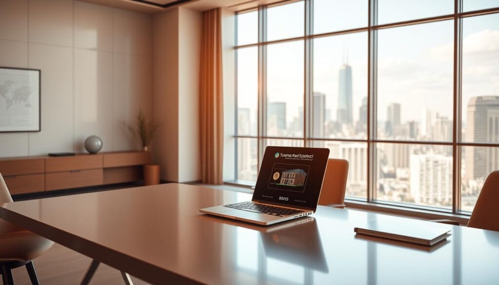 A spacious, modern office setting with sleek, minimalist furniture. On the desk, a laptop displays a digital interface showcasing a tokenized real estate property and bonds. Warm, natural lighting floods the room, creating a sense of professionalism and innovation. In the background, a large window overlooks a bustling cityscape, symbolizing the integration of traditional financial instruments with cutting-edge blockchain technology. The scene conveys a vision of the future of investment and ownership, where assets are seamlessly tokenized and traded across digital platforms.