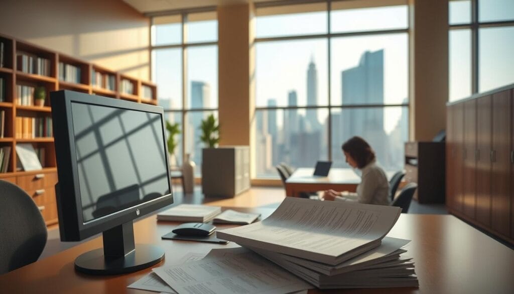 A spacious modern office with warm, natural lighting. In the foreground, a desktop computer and paperwork related to loan forgiveness applications. A person sits at the desk, studying the documents intently. In the middle ground, bookcases and filing cabinets line the walls, representing the administrative process. The background depicts a view through large windows, showcasing a cityscape with skyscrapers, hinting at the larger financial and educational landscape. The overall atmosphere conveys a sense of diligence, focus, and the importance of navigating the application procedure for student loan forgiveness.