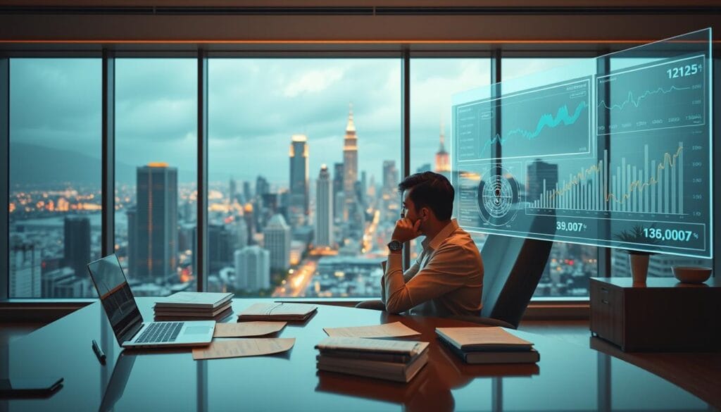 A spacious office interior with a large window overlooking a bustling city skyline. On the desk, a laptop and documents related to cryptocurrency tax implications. A person sits in a comfortable chair, deep in thought, surrounded by holographic displays showing financial data and charts. Warm lighting casts a soft glow, creating an atmosphere of contemplation and analysis. The scene conveys the complexities of navigating the tax implications of cryptocurrency events like airdrops and hard forks, with a sense of professionalism and attention to detail.