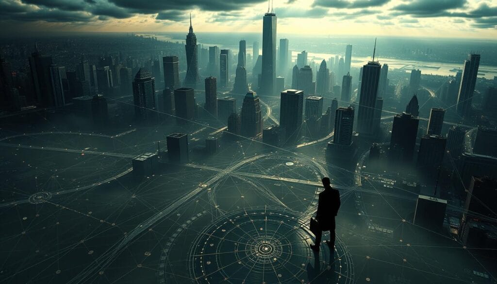 A sprawling cityscape, its towering skyscrapers casting long shadows across a labyrinth of interconnected networks. In the foreground, a complex web of digital tokens and blockchain transactions, their paths tangled and obfuscated by a haze of potential security vulnerabilities. Amid the chaos, shadowy figures lurk, probing for weak points, while regulatory bodies struggle to keep pace with the rapidly evolving landscape. The scene is imbued with a sense of unease, a palpable tension between innovation and control, as the future of investment and ownership hangs in the balance. Backlighting casts an ominous glow, highlighting the high-stakes game being played out in the digital realm.