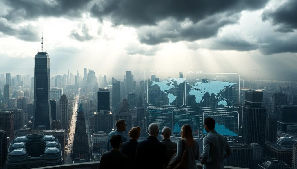 A sprawling cityscape under a stormy sky, with towering skyscrapers and bustling streets. In the foreground, a group of people gathered around a holographic display, examining intricate data visualizations of climate-related risks and insurance policies. The lighting is dramatic, with beams of light cutting through the gloomy clouds, creating a sense of urgency and foreboding. The camera angle is slightly elevated, capturing the scale and complexity of the urban environment, while the focus remains on the individuals collaborating to address the challenges of climate change. The mood is one of determination and innovation, as the insurance industry adapts to the new realities of a warming planet. A sprawling cityscape under a stormy sky, with towering skyscrapers and bustling streets. In the foreground, a group of people gathered around a holographic display, examining intricate data visualizations of climate-related risks and insurance policies. The lighting is dramatic, with beams of light cutting through the gloomy clouds, creating a sense of urgency and foreboding. The camera angle is slightly elevated, capturing the scale and complexity of the urban environment, while the focus remains on the individuals collaborating to address the challenges of climate change. The mood is one of determination and innovation, as the insurance industry adapts to the new realities of a warming planet.