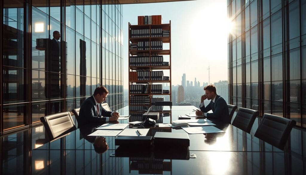 A sprawling corporate office, its glass facades reflecting the midday sun. In the foreground, a group of businesspeople sit around a polished conference table, studying financial documents and diagrams. The mood is one of focused intensity, as they discuss the intricacies of asset-based lending - the strategic deployment of physical assets to secure financing and fuel growth. The middle ground is occupied by a towering shelving unit, laden with binders and ledgers, hinting at the wealth of data and expertise that informs their decisions. In the background, a panoramic view of the city skyline, a testament to the scale and ambition of the enterprise. Masterfully lit to highlight the gravity of the proceedings, this scene conveys the essence of equipment financing for businesses - a powerful tool for sustainable growth in the modern economic landscape.