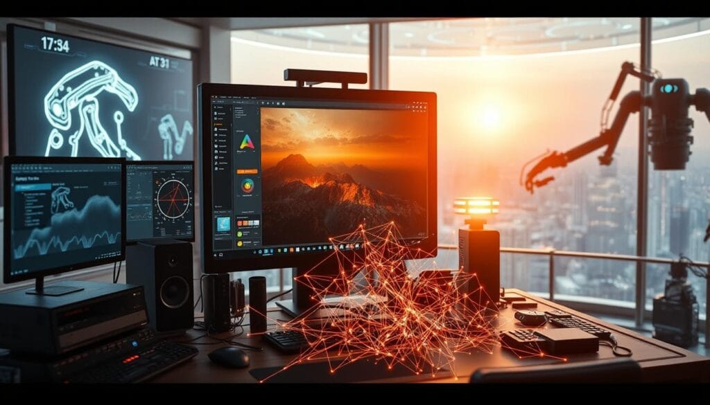 A sprawling digital workstation, with a central display showcasing an artist's tool palette and a canvas in progress. In the foreground, a generative AI algorithm visualized as a complex neural network, its nodes pulsing with energy. The background depicts a futuristic studio, filled with holographic projections, robotic arms, and a panoramic view of a gleaming cityscape. Warm, tungsten lighting casts a contemplative glow, while a shallow depth of field draws the viewer's focus to the central creative process. An atmosphere of innovation, technology, and the convergence of human and machine intelligence. A sprawling digital workstation, with a central display showcasing an artist's tool palette and a canvas in progress. In the foreground, a generative AI algorithm visualized as a complex neural network, its nodes pulsing with energy. The background depicts a futuristic studio, filled with holographic projections, robotic arms, and a panoramic view of a gleaming cityscape. Warm, tungsten lighting casts a contemplative glow, while a shallow depth of field draws the viewer's focus to the central creative process. An atmosphere of innovation, technology, and the convergence of human and machine intelligence.