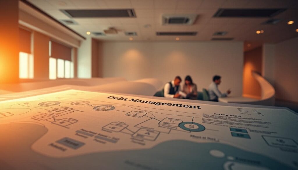 A sprawling financial landscape, illuminated by warm, directional lighting. In the foreground, a detailed diagram of a debt management plan, its intricate components and processes meticulously rendered. In the middle ground, a group of individuals poring over paperwork, collaborating to navigate the complexities of debt relief. The background depicts a serene, minimalist office environment, suggesting a sense of order and professionalism. The overall atmosphere conveys a balance of technical precision and human-centric empathy, reflecting the nuanced nature of effective debt management.