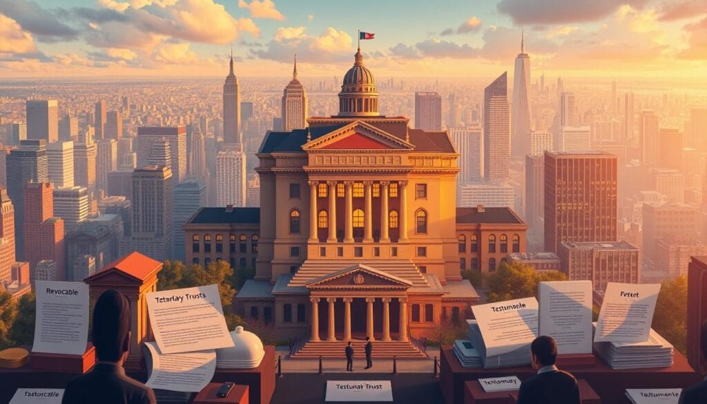 A sprawling illustration depicting various types of trust funds in a formal, legal-themed setting. In the foreground, detailed representations of common trust structures like revocable, irrevocable, and testamentary trusts, each highlighted with clear, informative labels. In the middle ground, a grand, stately building representing the legal and financial institutions that administer these trusts, bathed in warm, golden lighting. In the background, a panoramic cityscape with towering skyscrapers, conveying the scale and importance of trust fund management in the modern world. The overall scene exudes an air of authority, professionalism, and careful financial planning - everything one would expect from the "Best Trust Fund Options for Heirs in 2025" article.