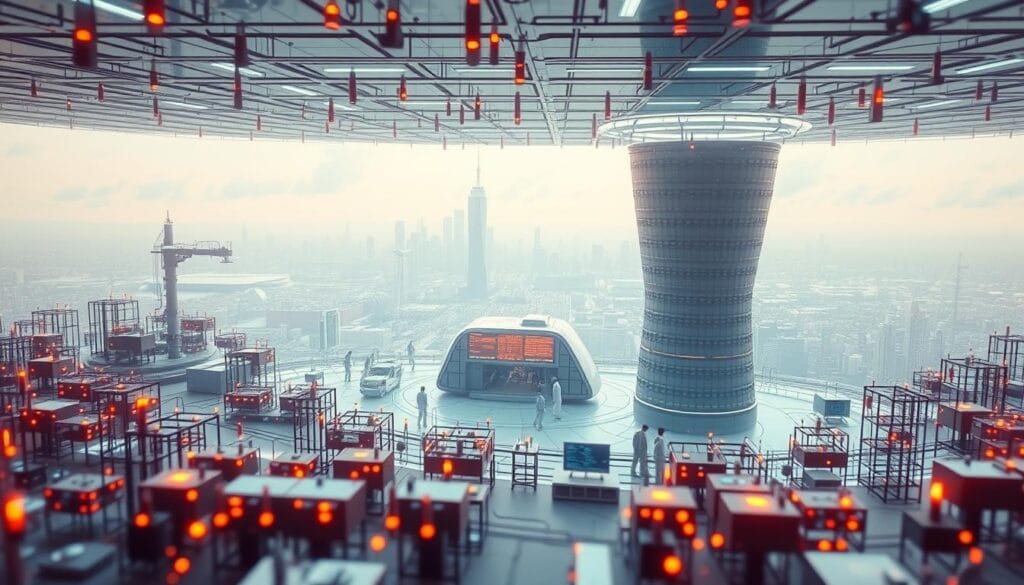 A sprawling microworld simulation, showcasing the inner workings of an expert system. In the foreground, a series of interconnected nodes and decision trees, representing the intricate logic and knowledge base that powers the system's intelligence. The middle ground features a laboratory-like setting, with scientists and engineers tinkering with the system, adjusting parameters and monitoring its behavior. In the background, a panoramic view of a futuristic cityscape, hinting at the broader applications and societal impact of this cutting-edge technology. Soft, diffused lighting casts a warm, contemplative glow, while the camera angle captures the depth and complexity of this artificial mind at work. A sprawling microworld simulation, showcasing the inner workings of an expert system. In the foreground, a series of interconnected nodes and decision trees, representing the intricate logic and knowledge base that powers the system's intelligence. The middle ground features a laboratory-like setting, with scientists and engineers tinkering with the system, adjusting parameters and monitoring its behavior. In the background, a panoramic view of a futuristic cityscape, hinting at the broader applications and societal impact of this cutting-edge technology. Soft, diffused lighting casts a warm, contemplative glow, while the camera angle captures the depth and complexity of this artificial mind at work.