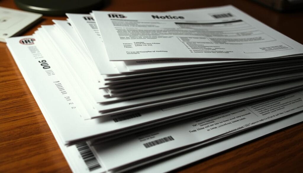 A stack of official-looking IRS tax notices, neatly arranged on a wooden desk. The documents have various seals, stamps, and barcodes, conveying a sense of importance and urgency. The lighting is soft and even, highlighting the crisp edges and fine print of the papers. The angle is slightly elevated, providing a sense of authority and gravity to the scene. The overall mood is one of seriousness and attention to detail, reflecting the importance of understanding and properly responding to IRS communications.