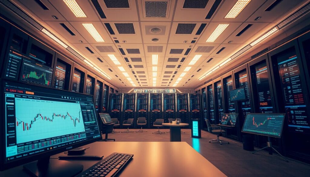 A state-of-the-art trading platform with a sleek, modern user interface. The foreground features a comprehensive dashboard displaying real-time market data, customizable charts, and intuitive trading tools. The middle ground showcases a range of advanced order types and risk management features. In the background, a network of secure servers and cutting-edge algorithms power the platform's lightning-fast execution and seamless connectivity. Warm, neutral lighting casts a professional, trustworthy atmosphere, captured through a wide-angle lens to provide a full, immersive view of the platform's capabilities.