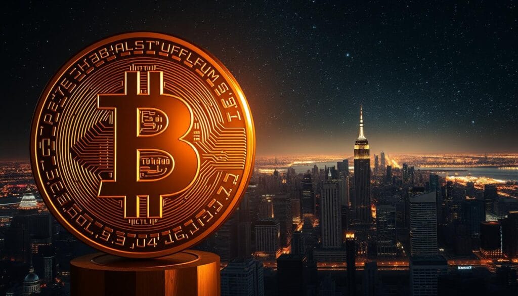 A striking and authoritative scene depicting the dominance of Bitcoin in the crypto market. The foreground showcases a massive, gleaming Bitcoin symbol, its edges sharply defined and radiating an aura of power. In the middle ground, a thriving cityscape of skyscrapers and financial hubs represents the global reach and acceptance of Bitcoin. The background features a vast, starry sky, evoking the decentralized, borderless nature of the digital currency. The lighting is dramatic, with a warm, golden glow illuminating the Bitcoin symbol and the cityscape, while the sky remains dark and mysterious. The overall composition conveys a sense of stability, authority, and the enduring significance of Bitcoin as the preeminent digital asset. A striking and authoritative scene depicting the dominance of Bitcoin in the crypto market. The foreground showcases a massive, gleaming Bitcoin symbol, its edges sharply defined and radiating an aura of power. In the middle ground, a thriving cityscape of skyscrapers and financial hubs represents the global reach and acceptance of Bitcoin. The background features a vast, starry sky, evoking the decentralized, borderless nature of the digital currency. The lighting is dramatic, with a warm, golden glow illuminating the Bitcoin symbol and the cityscape, while the sky remains dark and mysterious. The overall composition conveys a sense of stability, authority, and the enduring significance of Bitcoin as the preeminent digital asset.