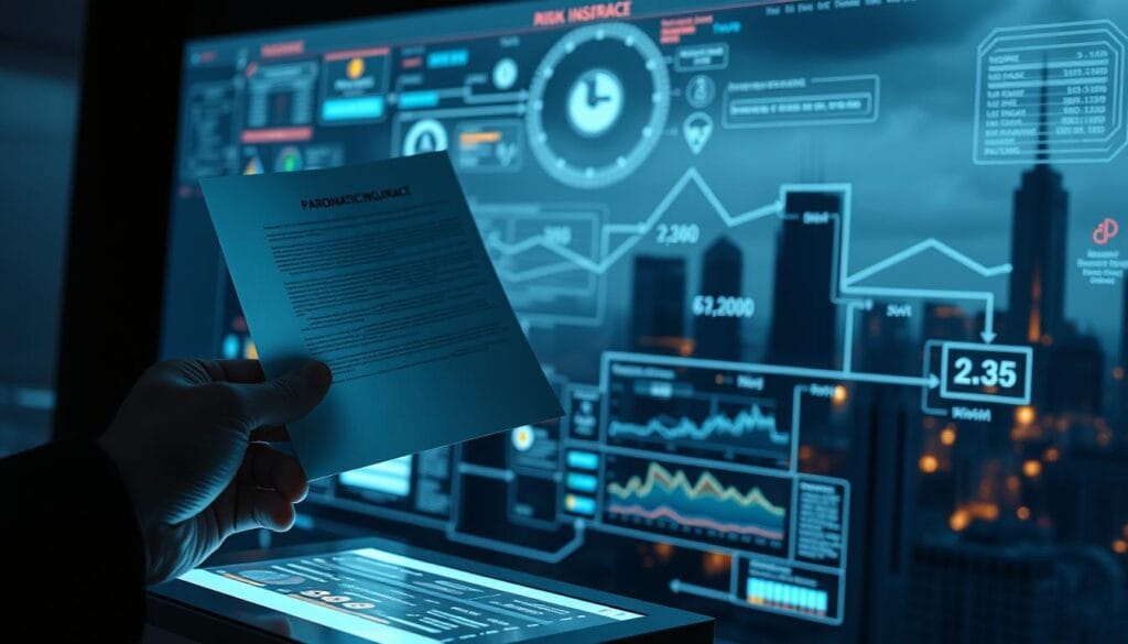 A striking, cinematic image of a parametric insurance process. In the foreground, a hand holding a digital contract hovers over a sleek touchscreen interface. In the middle ground, intricate data visualizations and graphs illuminate the process flow, with vibrant colors and clean lines. In the background, a cityscape or skyline silhouette evokes a sense of global connectivity and risk management. Dramatic lighting casts dramatic shadows, creating a sense of tension and anticipation. The overall mood is one of technological sophistication, efficiency, and the power of data-driven decision making.