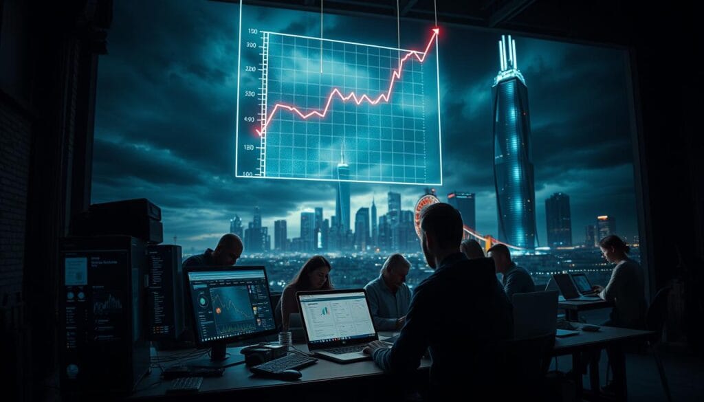 A striking, high-contrast visual of online income strategies, captured with a wide-angle lens in a dimly-lit, industrial-style studio. In the foreground, a desktop computer with various windows and apps representing different income streams - blogging, e-commerce, affiliate marketing, etc. Suspended above, a glowing holographic graph chart depicting the exponential growth of online earnings. In the middle ground, a group of diverse individuals collaborating on laptops, surrounded by futuristic UI elements and data visualizations. The background features a towering, metallic cityscape silhouetted against a moody, stormy sky, symbolizing the scale and potential of online income. A striking, high-contrast visual of online income strategies, captured with a wide-angle lens in a dimly-lit, industrial-style studio. In the foreground, a desktop computer with various windows and apps representing different income streams - blogging, e-commerce, affiliate marketing, etc. Suspended above, a glowing holographic graph chart depicting the exponential growth of online earnings. In the middle ground, a group of diverse individuals collaborating on laptops, surrounded by futuristic UI elements and data visualizations. The background features a towering, metallic cityscape silhouetted against a moody, stormy sky, symbolizing the scale and potential of online income.
