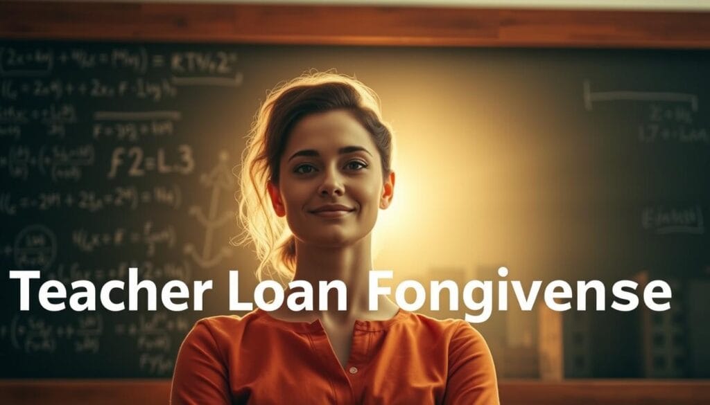 A striking image depicting the concept of "teacher loan forgiveness" as part of student loan forgiveness programs. In the foreground, a teacher stands confidently, their face lit by a warm, natural light. Behind them, a chalkboard filled with mathematical equations and formulas, symbolizing the educator's expertise. In the background, a hazy cityscape with buildings, suggesting the urban environment where many teachers work. The overall mood is one of hope and empowerment, conveying the idea that those who dedicate their careers to education can find relief from the burden of student debt. The image is captured with a shallow depth of field, keeping the teacher in sharp focus while the background is softly blurred.