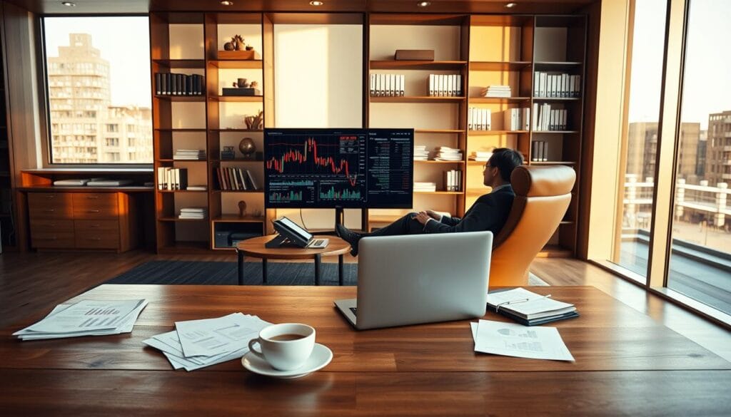 A stylish and modern office interior, with large windows flooding the space with warm, natural light. In the foreground, a wooden desk takes center stage, with a laptop, a cup of coffee, and several financial reports spread out neatly. The middle ground features a comfortable leather armchair, where a professional in business attire sits, intently analyzing stock charts and REIT performance data displayed on a high-resolution monitor. The background showcases sleek, minimalist shelving units filled with books and files, reflecting the meticulous attention to detail and analytical nature of the scene. The overall mood is one of focused, efficient evaluation, with a touch of sophistication and technological integration. A stylish and modern office interior, with large windows flooding the space with warm, natural light. In the foreground, a wooden desk takes center stage, with a laptop, a cup of coffee, and several financial reports spread out neatly. The middle ground features a comfortable leather armchair, where a professional in business attire sits, intently analyzing stock charts and REIT performance data displayed on a high-resolution monitor. The background showcases sleek, minimalist shelving units filled with books and files, reflecting the meticulous attention to detail and analytical nature of the scene. The overall mood is one of focused, efficient evaluation, with a touch of sophistication and technological integration.