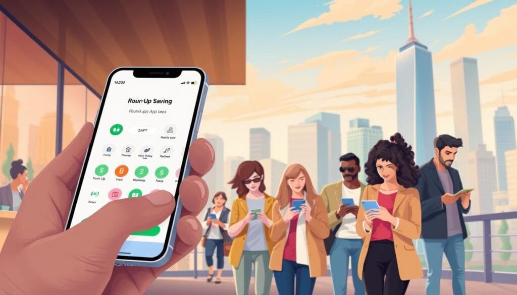A stylish illustration showcasing a variety of popular round-up savings apps. In the foreground, a sleek smartphone displays the intuitive interface of a round-up app, highlighting its simple yet powerful features. The middle ground features a group of diverse users interacting with their round-up apps, showcasing the app's accessibility and user-friendly design. In the background, a vibrant cityscape provides a modern and dynamic setting, emphasizing the integration of these apps into the digital financial landscape. The overall composition conveys a sense of convenience, control, and empowerment in personal finance management. A stylish illustration showcasing a variety of popular round-up savings apps. In the foreground, a sleek smartphone displays the intuitive interface of a round-up app, highlighting its simple yet powerful features. The middle ground features a group of diverse users interacting with their round-up apps, showcasing the app's accessibility and user-friendly design. In the background, a vibrant cityscape provides a modern and dynamic setting, emphasizing the integration of these apps into the digital financial landscape. The overall composition conveys a sense of convenience, control, and empowerment in personal finance management.