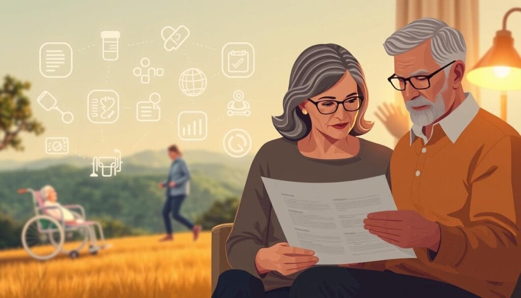 A stylized illustration depicting key considerations for long-term care insurance. In the foreground, a middle-aged couple thoughtfully reviewing policy documents, their expressions conveying the gravity of the decision. The middle ground features an array of healthcare icons - a wheelchair, prescription bottles, a hospital bed - hinting at the potential needs. In the background, a softly blurred landscape with an elderly couple enjoying an active lifestyle, symbolizing the importance of planning for the future. Warm lighting casts a soothing, contemplative mood over the entire scene. Rendered in a muted, earthy color palette to evoke a sense of timelessness and responsible financial planning.