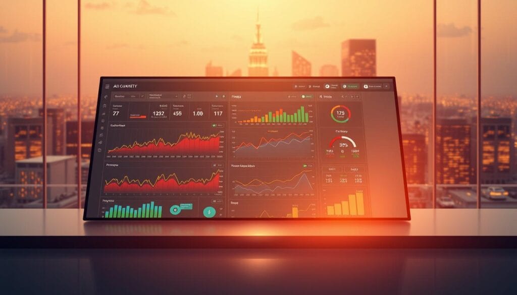 A stylized illustration depicting the powerful capabilities of AI-powered financial insights. In the foreground, a sleek, minimalist dashboard displays colorful graphs, charts, and data visualizations, showcasing the depth of analysis and pattern recognition enabled by AI algorithms. The middle ground features a cityscape backdrop, symbolizing the real-world financial landscape this technology can navigate. Warm, soft lighting creates an atmosphere of sophistication and innovation, while the composition is balanced and visually striking. The overall scene conveys the transformative potential of AI-driven financial tools to empower users with unprecedented clarity and foresight. A stylized illustration depicting the powerful capabilities of AI-powered financial insights. In the foreground, a sleek, minimalist dashboard displays colorful graphs, charts, and data visualizations, showcasing the depth of analysis and pattern recognition enabled by AI algorithms. The middle ground features a cityscape backdrop, symbolizing the real-world financial landscape this technology can navigate. Warm, soft lighting creates an atmosphere of sophistication and innovation, while the composition is balanced and visually striking. The overall scene conveys the transformative potential of AI-driven financial tools to empower users with unprecedented clarity and foresight.