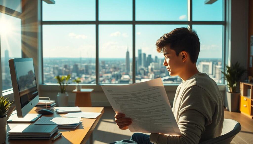A sun-drenched office setting, with a warm, inviting atmosphere. In the foreground, a young person sits at a desk, reviewing financial documents and paperwork related to student loan forgiveness programs. The middle ground features a desktop computer, a neatly organized workspace, and a sense of diligence and focus. In the background, a large window offers a panoramic view of a vibrant city skyline, symbolizing the hope and opportunity that these benefits can provide. The lighting is soft and natural, creating a sense of tranquility and progress. The overall mood is one of relief, empowerment, and the promise of a brighter financial future.