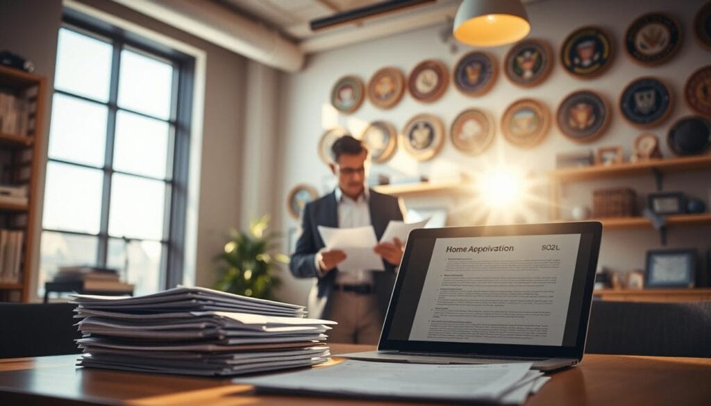 A sunlit office interior, showcasing a government-backed home renovation loan program. In the foreground, a desk with stacks of files and a laptop displays loan application forms. The middle ground features a person, dressed in professional attire, reviewing documents and discussing options with a client. Warm, natural lighting filters through large windows, casting a sense of professionalism and trustworthiness. The background depicts shelves filled with government seals, lending an air of authority and reliability to the scene. The overall mood is one of accessibility, guidance, and financial support for homeowners seeking to upgrade their living spaces. A sunlit office interior, showcasing a government-backed home renovation loan program. In the foreground, a desk with stacks of files and a laptop displays loan application forms. The middle ground features a person, dressed in professional attire, reviewing documents and discussing options with a client. Warm, natural lighting filters through large windows, casting a sense of professionalism and trustworthiness. The background depicts shelves filled with government seals, lending an air of authority and reliability to the scene. The overall mood is one of accessibility, guidance, and financial support for homeowners seeking to upgrade their living spaces.