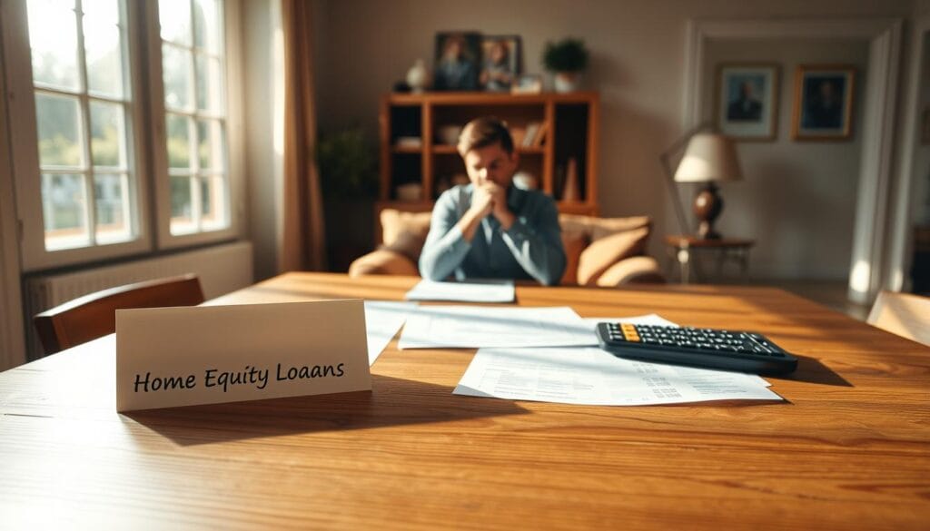 A sunlit room with a large, wooden desk in the foreground. On the desk, financial documents and calculator, representing home equity loans and personal loans. The middle ground shows a person sitting at the desk, deep in thought, pondering the options. The background features a warm, cozy living room setting, hinting at the home improvement context. Soft, natural lighting illuminates the scene, creating a pensive and contemplative atmosphere. The composition balances the practical financial elements with the homely, personal setting, visually conveying the dilemma of choosing between home equity and personal loans for home improvements. A sunlit room with a large, wooden desk in the foreground. On the desk, financial documents and calculator, representing home equity loans and personal loans. The middle ground shows a person sitting at the desk, deep in thought, pondering the options. The background features a warm, cozy living room setting, hinting at the home improvement context. Soft, natural lighting illuminates the scene, creating a pensive and contemplative atmosphere. The composition balances the practical financial elements with the homely, personal setting, visually conveying the dilemma of choosing between home equity and personal loans for home improvements.
