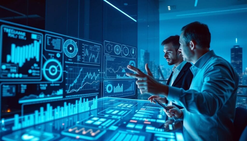 A team of business analysts poring over financial data on a sleek, futuristic interface, surrounded by holographic charts and graphs that reveal patterns and insights. The scene is bathed in a cool, blue-tinted light, creating a sense of technological sophistication. In the foreground, a financial advisor gestures towards the display, explaining complex risk models to their clients. The background features a city skyline, hinting at the global scope of the investment landscape. The overall mood conveys the power of AI-driven analytics to minimize investment risks and unlock new opportunities. A team of business analysts poring over financial data on a sleek, futuristic interface, surrounded by holographic charts and graphs that reveal patterns and insights. The scene is bathed in a cool, blue-tinted light, creating a sense of technological sophistication. In the foreground, a financial advisor gestures towards the display, explaining complex risk models to their clients. The background features a city skyline, hinting at the global scope of the investment landscape. The overall mood conveys the power of AI-driven analytics to minimize investment risks and unlock new opportunities.