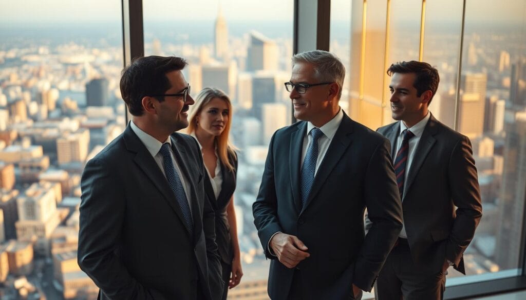 A team of professional financial advisors standing in a modern, glass-walled office. The advisors, dressed in sharp suits and ties, are engaged in animated discussion, their expressions serious yet personable. The background features a panoramic view of a bustling cityscape, bathed in warm, golden lighting that filters through the windows. The scene conveys a sense of expertise, trust, and a commitment to guiding clients towards financial success. The camera angle is slightly elevated, lending a sense of authority and prestige to the advisors. A team of professional financial advisors standing in a modern, glass-walled office. The advisors, dressed in sharp suits and ties, are engaged in animated discussion, their expressions serious yet personable. The background features a panoramic view of a bustling cityscape, bathed in warm, golden lighting that filters through the windows. The scene conveys a sense of expertise, trust, and a commitment to guiding clients towards financial success. The camera angle is slightly elevated, lending a sense of authority and prestige to the advisors.