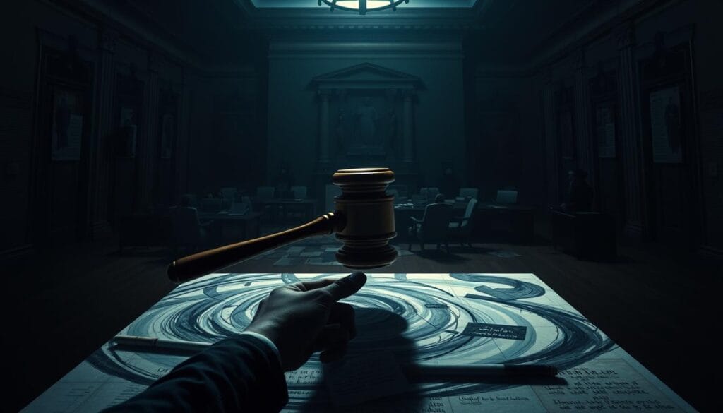 A tense, uncertain legal landscape, with AI-generated artworks standing at the center. In the foreground, a pair of gavel-wielding hands, casting a long shadow over a canvas of swirling digital brushstrokes. In the middle ground, a maze of legal papers and statutes, representing the complex web of copyright laws struggling to keep pace with rapidly evolving AI technology. The background, a dimly lit courtroom, ominous and foreboding, hinting at the high-stakes legal battles to come. Dramatic chiaroscuro lighting, creating a sense of unease and the looming threat of potential illegality. A powerful, thought-provoking scene that captures the essence of the "Could AI art become illegal?" dilemma. A tense, uncertain legal landscape, with AI-generated artworks standing at the center. In the foreground, a pair of gavel-wielding hands, casting a long shadow over a canvas of swirling digital brushstrokes. In the middle ground, a maze of legal papers and statutes, representing the complex web of copyright laws struggling to keep pace with rapidly evolving AI technology. The background, a dimly lit courtroom, ominous and foreboding, hinting at the high-stakes legal battles to come. Dramatic chiaroscuro lighting, creating a sense of unease and the looming threat of potential illegality. A powerful, thought-provoking scene that captures the essence of the "Could AI art become illegal?" dilemma.