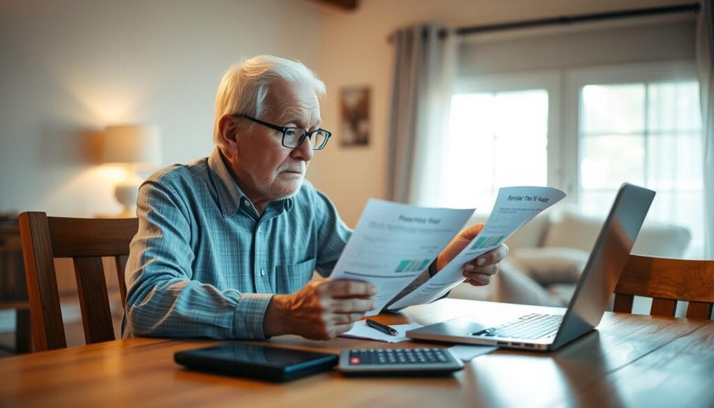 A thoughtful, elder person sitting at a wooden table, carefully reviewing financial documents and considering a reverse mortgage decision. The scene is lit by warm, natural light streaming through a nearby window, casting a contemplative glow. In the middle ground, a laptop and calculator symbolize the analytical process. The background is softly blurred, suggesting a serene domestic setting. The mood is one of focused consideration, as the person weighs the pros and cons of this important financial choice. The composition draws the viewer's eye to the central figure, inviting them to join in the decision-making moment. A thoughtful, elder person sitting at a wooden table, carefully reviewing financial documents and considering a reverse mortgage decision. The scene is lit by warm, natural light streaming through a nearby window, casting a contemplative glow. In the middle ground, a laptop and calculator symbolize the analytical process. The background is softly blurred, suggesting a serene domestic setting. The mood is one of focused consideration, as the person weighs the pros and cons of this important financial choice. The composition draws the viewer's eye to the central figure, inviting them to join in the decision-making moment.