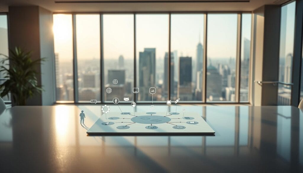 A thoughtful selection process unfolds on a sleek, minimalist workspace. In the foreground, an array of AI tool icons hover above a polished desk, each casting a subtle glow. The middle ground features a stylized decision-making diagram, its nodes and connections hinting at the rigorous analysis undertaken. The background showcases a serene, sun-dappled office environment, with floor-to-ceiling windows offering a panoramic view of a bustling cityscape. Soft, directional lighting accentuates the scene, creating a sense of focus and deliberation. The overall atmosphere conveys a meticulous, data-driven approach to discovering the most impactful AI tools for business and technology. A thoughtful selection process unfolds on a sleek, minimalist workspace. In the foreground, an array of AI tool icons hover above a polished desk, each casting a subtle glow. The middle ground features a stylized decision-making diagram, its nodes and connections hinting at the rigorous analysis undertaken. The background showcases a serene, sun-dappled office environment, with floor-to-ceiling windows offering a panoramic view of a bustling cityscape. Soft, directional lighting accentuates the scene, creating a sense of focus and deliberation. The overall atmosphere conveys a meticulous, data-driven approach to discovering the most impactful AI tools for business and technology.