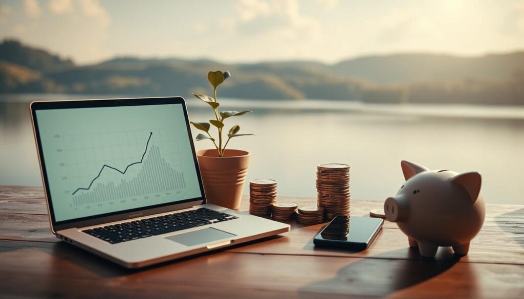 A tranquil, minimalist scene showcasing various passive income opportunities. In the foreground, a laptop rests on a wooden desk, its screen displaying a graph of growing revenue. Behind it, a potted plant symbolizes effortless growth. The middle ground features stacks of coins, a smartphone, and a piggy bank, all representing different passive income streams. In the background, a serene landscape with a calm lake and rolling hills conveys a sense of financial stability and freedom. The lighting is soft and natural, creating a serene and inviting atmosphere. A wide-angle lens captures the harmonious composition, emphasizing the interconnectedness of these passive income strategies.