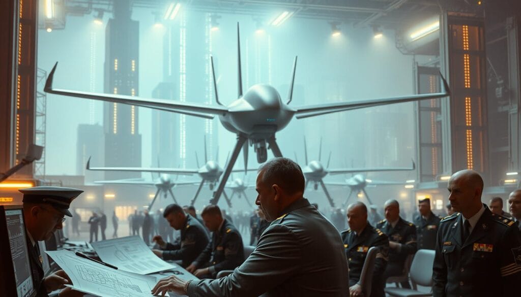 A vast government complex, its towering edifices gleaming under harsh fluorescent lighting. In the foreground, a panel of uniformed officials pore over schematics and computer screens, their faces etched with determination. Looming in the background, a cluster of sleek, angular military drones, their metallic frames casting long shadows across the scene. The air is thick with a sense of power and bureaucratic authority, underscoring the government's pivotal role in shaping the future of artificial intelligence. A vast government complex, its towering edifices gleaming under harsh fluorescent lighting. In the foreground, a panel of uniformed officials pore over schematics and computer screens, their faces etched with determination. Looming in the background, a cluster of sleek, angular military drones, their metallic frames casting long shadows across the scene. The air is thick with a sense of power and bureaucratic authority, underscoring the government's pivotal role in shaping the future of artificial intelligence.