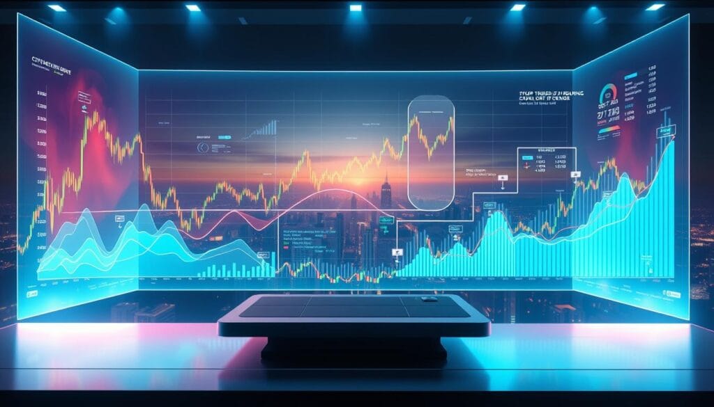 A vast, holographic display floats above a sleek, high-tech desk, showcasing dynamic cryptocurrency market trends. The foreground features vibrant, undulating graphs and charts, rendering the ebb and flow of digital asset values in real-time. The middle ground depicts a series of transparent, interactive panels, allowing the user to explore market data and analyze complex trading patterns. In the background, a panoramic view of a futuristic cityscape blends seamlessly, hinting at the integration of cryptocurrency into the fabric of modern life. Ethereal lighting emanates from the display, casting a mesmerizing glow and a sense of technological sophistication. A vast, holographic display floats above a sleek, high-tech desk, showcasing dynamic cryptocurrency market trends. The foreground features vibrant, undulating graphs and charts, rendering the ebb and flow of digital asset values in real-time. The middle ground depicts a series of transparent, interactive panels, allowing the user to explore market data and analyze complex trading patterns. In the background, a panoramic view of a futuristic cityscape blends seamlessly, hinting at the integration of cryptocurrency into the fabric of modern life. Ethereal lighting emanates from the display, casting a mesmerizing glow and a sense of technological sophistication.