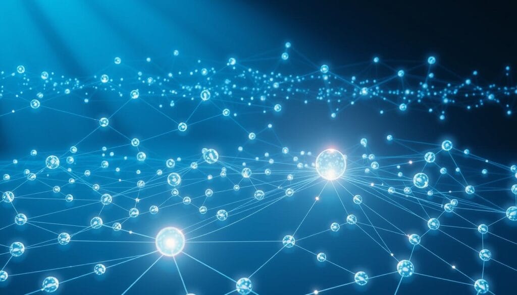 A vast, interconnected blockchain network, with nodes represented as glowing spheres, linked by shimmering lines of data flow. The scene is bathed in a cool, blue-tinted light, casting long shadows across a sleek, minimalist backdrop. In the foreground, a central hub node pulses with energy, surrounded by a constellation of smaller nodes, each one a distinct, stylized polygon. The overall composition conveys a sense of order, stability, and the seamless exchange of digital assets within this secure, decentralized ecosystem.