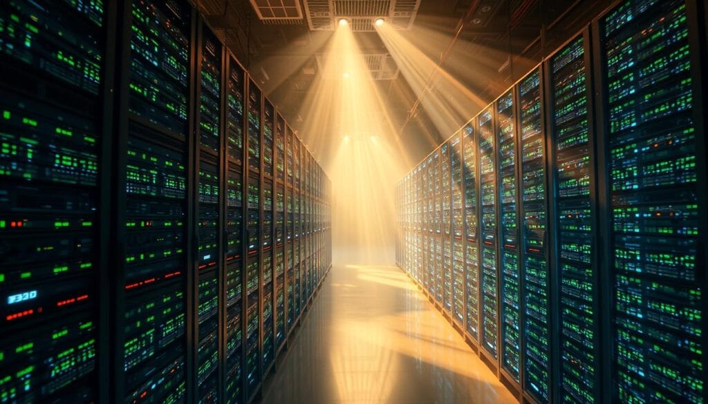 A vast, sprawling data center, its servers humming with the rhythm of processing power. Gleaming racks of hardware stretching into the distance, their blue and green indicator lights flickering in a mesmerizing dance. Beams of light cut through the hazy atmosphere, casting dramatic shadows across the scene. The air is charged with the energy of information at scale, as algorithms work tirelessly to uncover insights and patterns hidden within vast troves of data. A sense of order and control pervades the environment, with precisely orchestrated workflows and meticulously organized cabling. The image conveys the scale, complexity, and efficiency of modern data processing, hinting at the transformative potential of AI-driven investment assessments. A vast, sprawling data center, its servers humming with the rhythm of processing power. Gleaming racks of hardware stretching into the distance, their blue and green indicator lights flickering in a mesmerizing dance. Beams of light cut through the hazy atmosphere, casting dramatic shadows across the scene. The air is charged with the energy of information at scale, as algorithms work tirelessly to uncover insights and patterns hidden within vast troves of data. A sense of order and control pervades the environment, with precisely orchestrated workflows and meticulously organized cabling. The image conveys the scale, complexity, and efficiency of modern data processing, hinting at the transformative potential of AI-driven investment assessments.