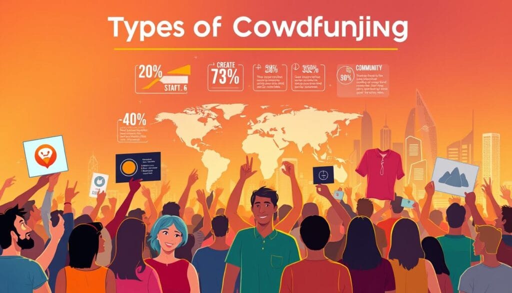 A vibrant and compelling illustration of the various types of crowdfunding. In the foreground, a diverse group of people enthusiastically contributing to different crowdfunding campaigns, each represented by distinct icons - a startup logo, a creative project, a charitable cause, and a community initiative. In the middle ground, a stylized world map showcases the global reach of crowdfunding, with data visualizations highlighting the growth and impact of this innovative funding model. The background features a sleek, futuristic cityscape, hinting at the technological advancements that are shaping the future of crowdfunding. Warm lighting, a dynamic camera angle, and a sense of energy and optimism pervade the scene, capturing the spirit of the "Types of Crowdfunding" section.