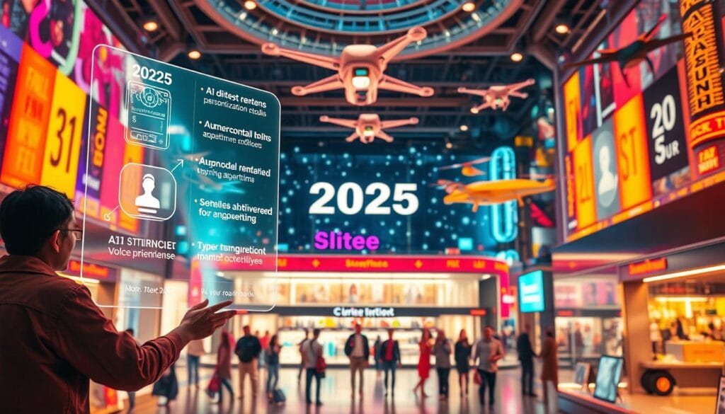 A vibrant and dynamic ecommerce landscape in 2025, with futuristic technology and digital trends taking center stage. In the foreground, a holographic display showcases the latest AI-driven personalization tools, recommendation algorithms, and voice-controlled shopping experiences. In the middle ground, a bustling online marketplace features 3D product renderings, augmented reality try-on capabilities, and seamless cross-device integration. The background is a kaleidoscope of cutting-edge innovations - autonomous delivery drones, blockchain-powered financial transactions, and hyper-targeted social media advertising. The overall scene conveys a sense of innovation, efficiency, and the evolving digital-first consumer behavior.