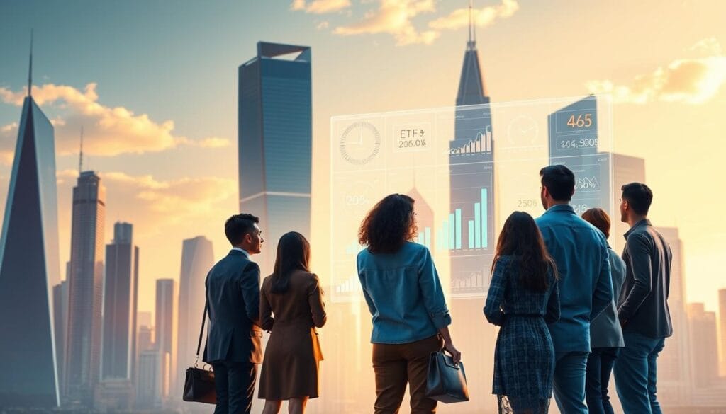 A vibrant and dynamic illustration of the benefits of ETFs for long-term growth. A sleek, modern cityscape with towering skyscrapers forms the background, symbolizing the growth and prosperity associated with ETFs. In the foreground, a group of diverse investors gather around a holographic display, examining charts and graphs that showcase the performance, diversification, and cost-efficiency of ETFs. The lighting is warm and inviting, conveying a sense of optimism and opportunity. The overall composition creates a visually compelling and informative representation of the advantages of investing in ETFs for long-term growth. A vibrant and dynamic illustration of the benefits of ETFs for long-term growth. A sleek, modern cityscape with towering skyscrapers forms the background, symbolizing the growth and prosperity associated with ETFs. In the foreground, a group of diverse investors gather around a holographic display, examining charts and graphs that showcase the performance, diversification, and cost-efficiency of ETFs. The lighting is warm and inviting, conveying a sense of optimism and opportunity. The overall composition creates a visually compelling and informative representation of the advantages of investing in ETFs for long-term growth.