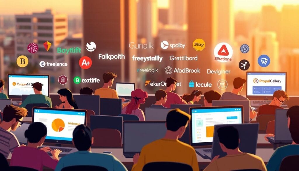 A vibrant and dynamic illustration of various freelancer platforms. In the foreground, a diverse array of freelance professionals - designers, writers, developers, and more - are actively engaged on their laptop screens, immersed in their work. The middle ground showcases the logos and interfaces of popular freelance websites, conveying a sense of the digital ecosystem that enables these independent workers. The background features a blurred cityscape, hinting at the global reach and interconnectedness of the freelance economy. The image is bathed in a warm, golden light, creating a sense of productivity, opportunity, and the promise of financial independence. A vibrant and dynamic illustration of various freelancer platforms. In the foreground, a diverse array of freelance professionals - designers, writers, developers, and more - are actively engaged on their laptop screens, immersed in their work. The middle ground showcases the logos and interfaces of popular freelance websites, conveying a sense of the digital ecosystem that enables these independent workers. The background features a blurred cityscape, hinting at the global reach and interconnectedness of the freelance economy. The image is bathed in a warm, golden light, creating a sense of productivity, opportunity, and the promise of financial independence.