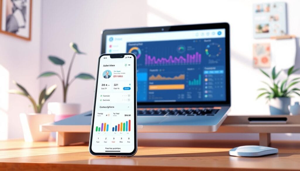 A vibrant and dynamic illustration showcasing a meticulously designed suite of subscription tracking tools. In the foreground, a sleek mobile device displays a clean, intuitive interface with colorful graphs, charts, and notifications, highlighting the powerful data visualization capabilities of these apps. In the middle ground, a laptop screen reveals a comprehensive dashboard, allowing users to easily manage and monitor their various subscriptions. The background features a minimalist office setting, with a desk, potted plant, and a wall calendar, creating a sense of organization and productivity. The lighting is soft and natural, conveying a welcoming and professional atmosphere. The overall composition emphasizes the seamless integration of these subscription management tools into the modern digital workflow.