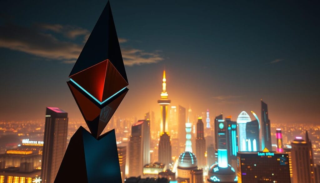 A vibrant and dynamic scene depicting the Ethereum ecosystem, captured through a wide-angle lens. In the foreground, a towering Ethereum symbol stands tall, its faceted structure reflecting the intricate web of decentralized applications and smart contracts that make up the network. In the middle ground, a bustling metropolis of futuristic skyscrapers and holograms represents the thriving DeFi, NFT, and decentralized computing platforms built on Ethereum. In the background, a luminous, ethereal skyline bathes the scene in a warm, golden glow, symbolizing the transformative potential of this groundbreaking blockchain technology. A vibrant and dynamic scene depicting the Ethereum ecosystem, captured through a wide-angle lens. In the foreground, a towering Ethereum symbol stands tall, its faceted structure reflecting the intricate web of decentralized applications and smart contracts that make up the network. In the middle ground, a bustling metropolis of futuristic skyscrapers and holograms represents the thriving DeFi, NFT, and decentralized computing platforms built on Ethereum. In the background, a luminous, ethereal skyline bathes the scene in a warm, golden glow, symbolizing the transformative potential of this groundbreaking blockchain technology.