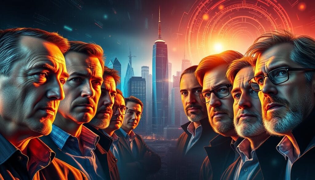 A vibrant and dynamic scene of the leading figures in the cryptocurrency market. In the foreground, lifelike portraits of the industry's top innovators and visionaries, each with a unique expression capturing their passion and determination. In the middle ground, a futuristic cityscape of towering skyscrapers and glowing digital infrastructure, symbolizing the rapid growth and technological advancements transforming the world of finance. In the background, a backdrop of swirling data streams and ethereal hues, conveying the complexity and potential of the cryptocurrency ecosystem. Illuminated by warm, directional lighting that casts dramatic shadows, the image exudes a sense of power, innovation, and the promise of a new financial era. A vibrant and dynamic scene of the leading figures in the cryptocurrency market. In the foreground, lifelike portraits of the industry's top innovators and visionaries, each with a unique expression capturing their passion and determination. In the middle ground, a futuristic cityscape of towering skyscrapers and glowing digital infrastructure, symbolizing the rapid growth and technological advancements transforming the world of finance. In the background, a backdrop of swirling data streams and ethereal hues, conveying the complexity and potential of the cryptocurrency ecosystem. Illuminated by warm, directional lighting that casts dramatic shadows, the image exudes a sense of power, innovation, and the promise of a new financial era.